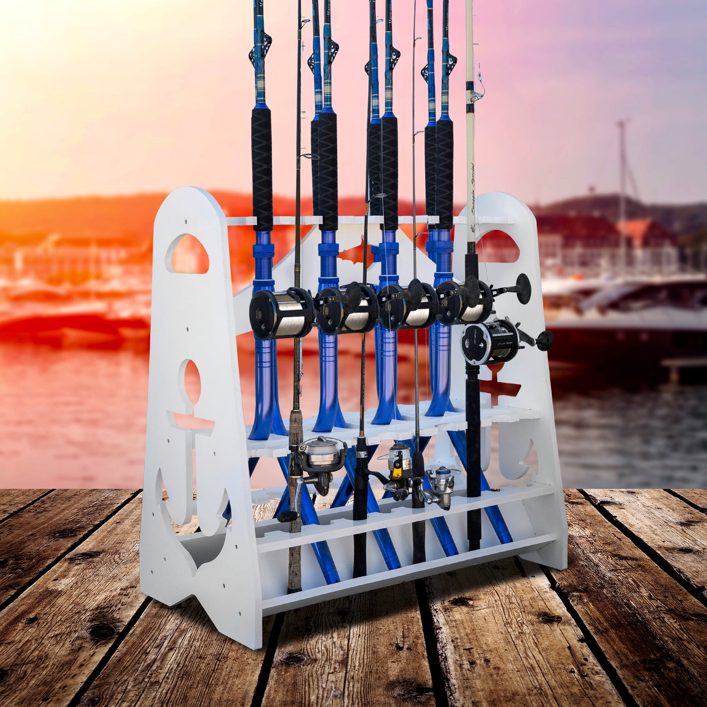 TrunkWorks Waterproof PVC Great White Heavy Duty Floor Standing Marine Fishing Rod Display Organizer Rack for Bent and Straight Butt Rods…